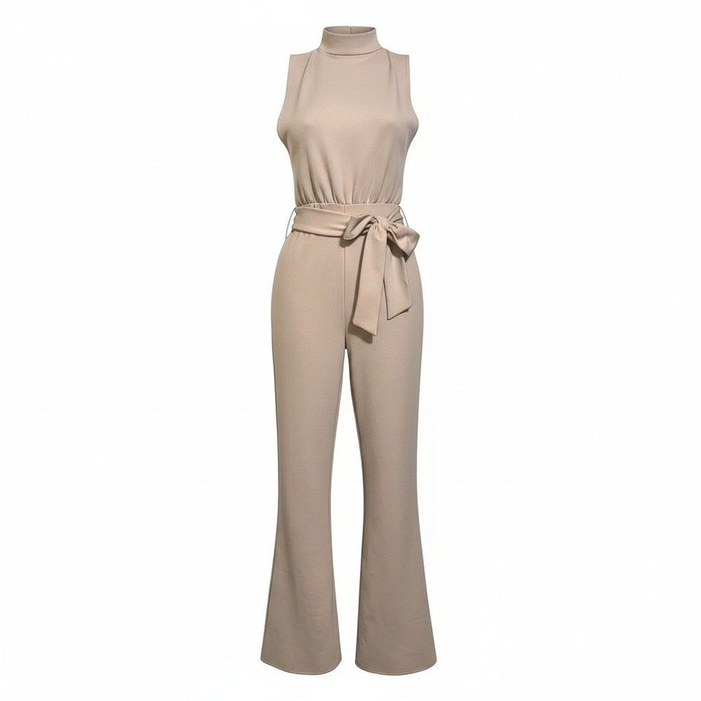 New XS Taupe Beige Full Jumpsuit Wide Leg Sleeveless Outfit Tan